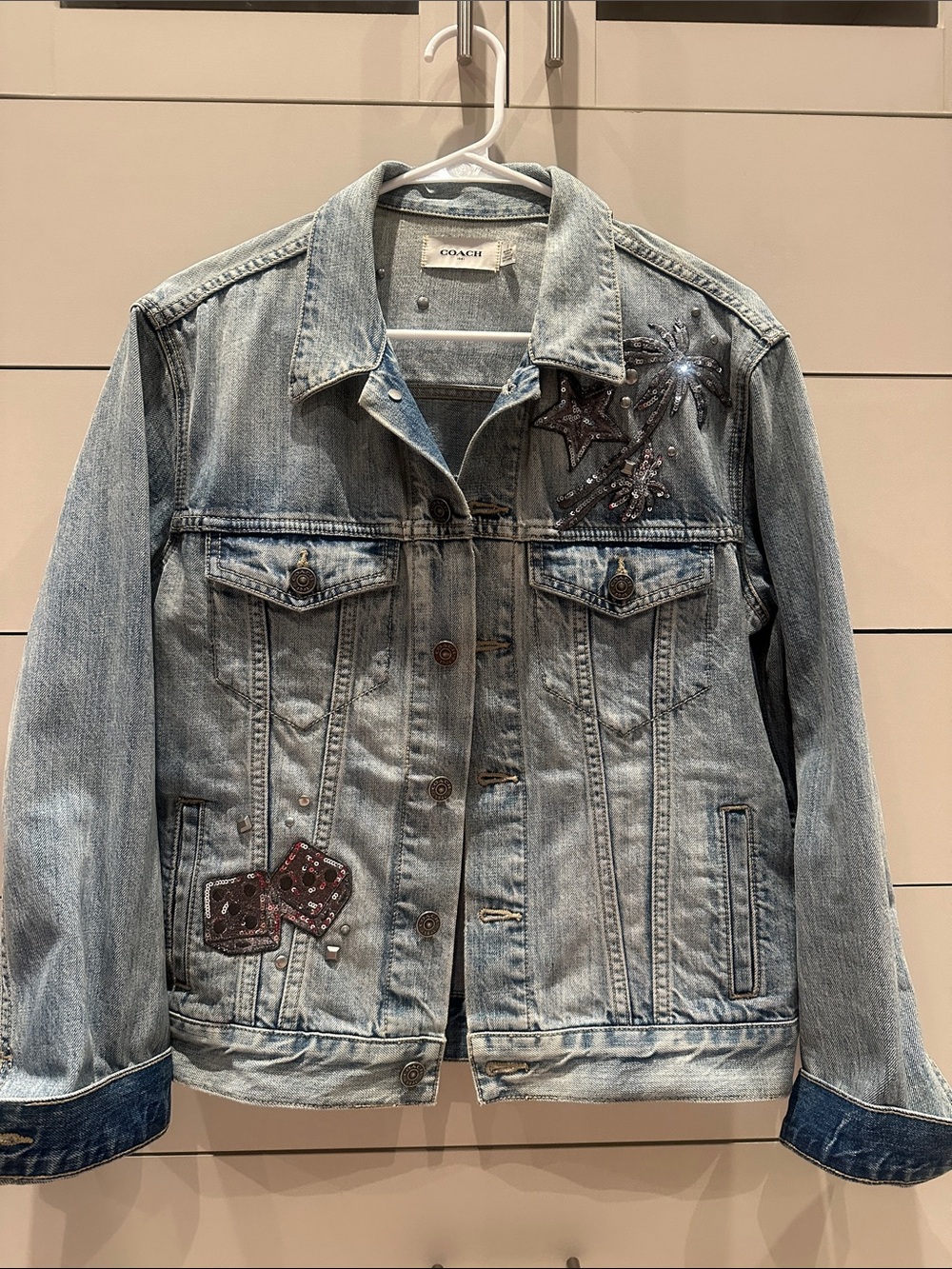 Coach Light Blue Denim Jacket with Sequin Star & Patch Details